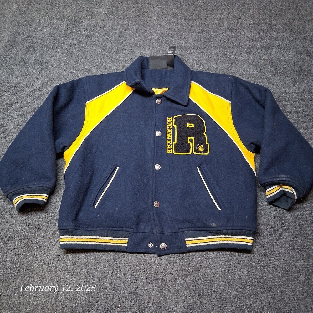 Vintage Rocawear Wool Snap‎ Varsity Jacket Youth Size XL 7X Blue